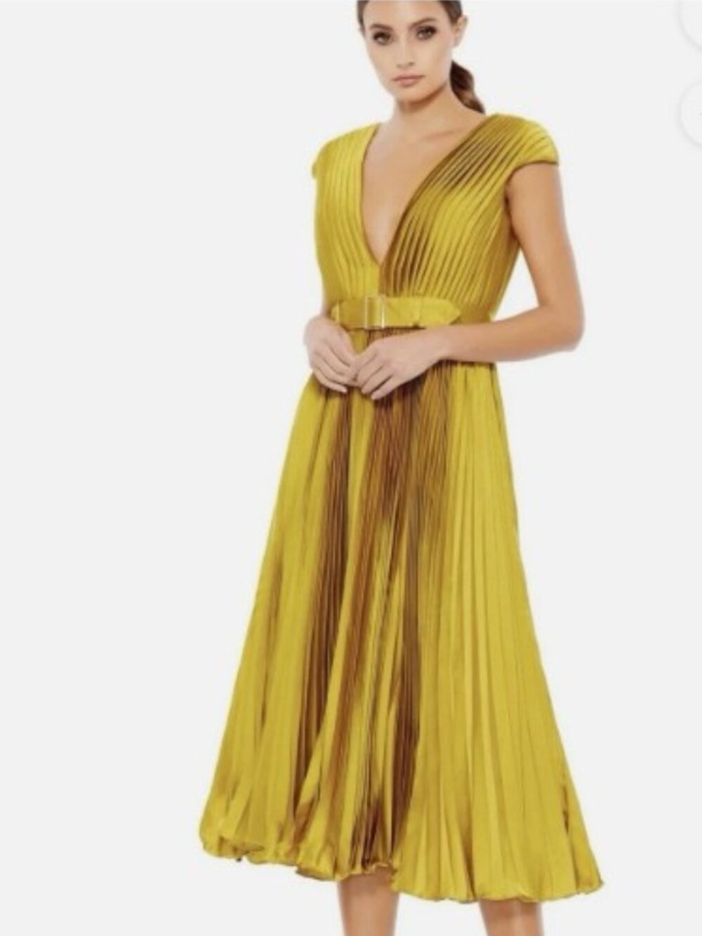 Mac Duggal Pleated Cap‎ Sleeve Belted Midi  26483 Dress Chartreuse Sz4 MSRP $338